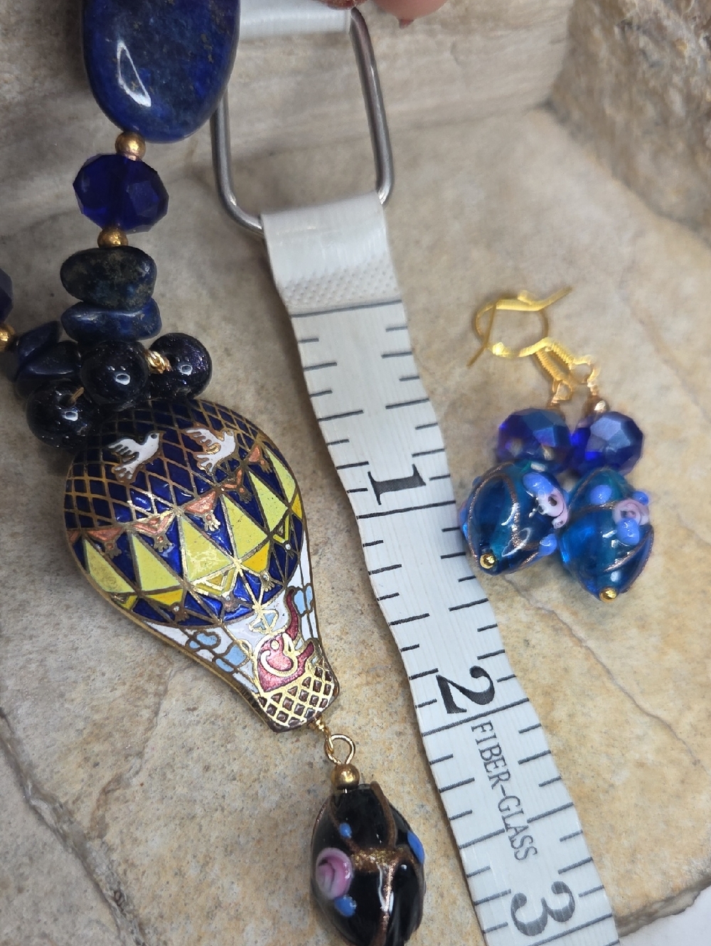 Vintage cloisonne Pendant lapis Lazuli Necklace Wedding Cake 925 Earrings - Picture 12 of 13